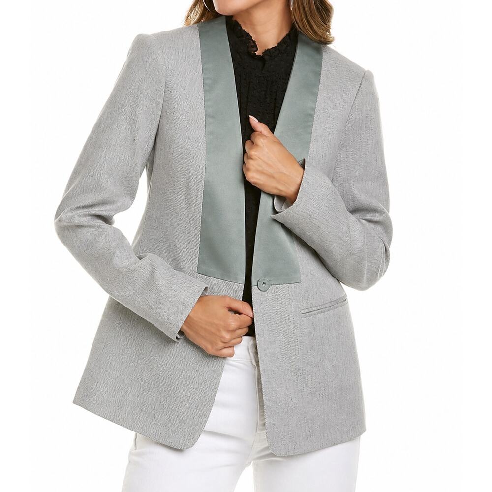 Rebecca Taylor Linen Blend Twill Jacket Satin Lapel Blazer in Light Gray